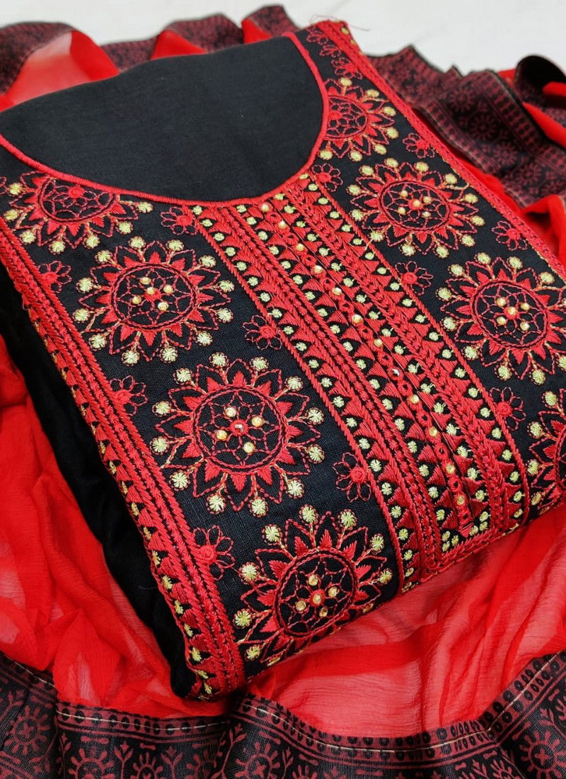 Red Colour Latest Fancy Designer Casual Wear Pure Cotton Embroidery Worked Dress Material Collection 102